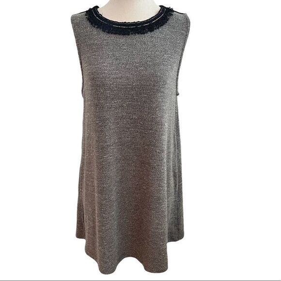 THML Sleeveless Knit Long Top Back Zip Fringe Trim Neckline Black + Gray XS - Picture 1 of 8